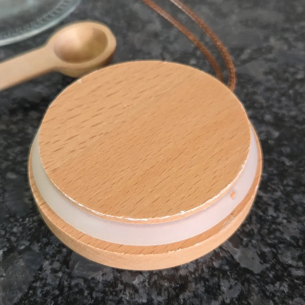 Target Brand Glass Bath Salt Jar with Wood Lid & attached Wooden Spoon